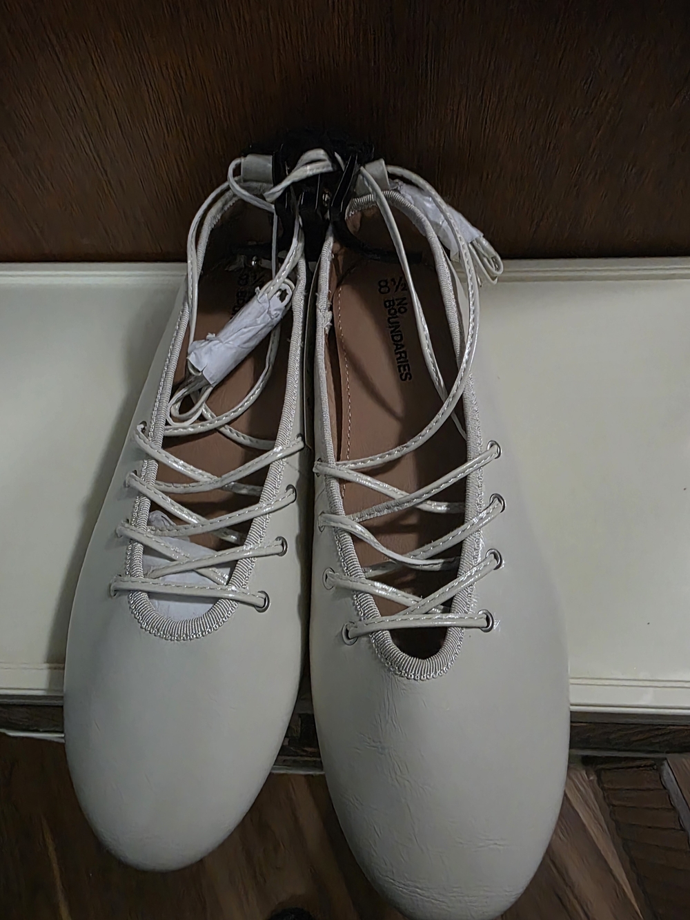NOBO White Lace-Up Ballet Flats with Ankle Tie